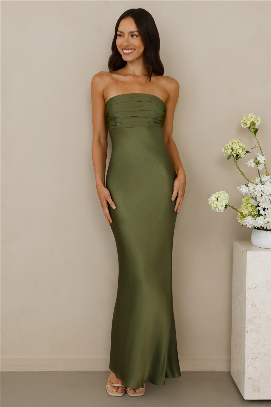 The Seraphina Strapless Satin Maxi Dress Olive