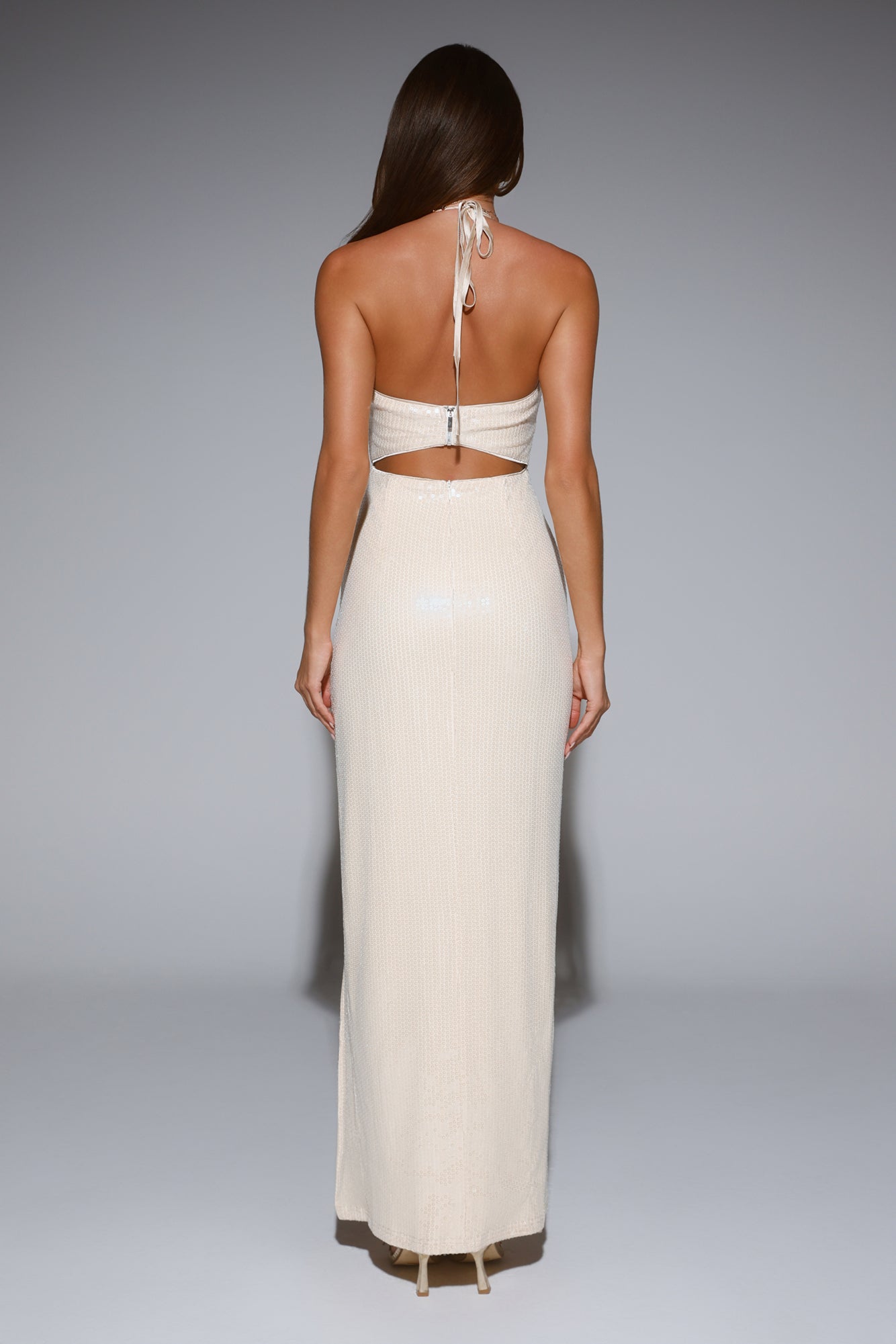 Glimmer Game Sequin Maxi Dress Beige